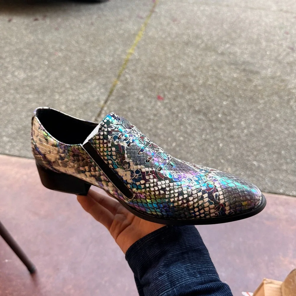 Santimon Men's US 6 Multi Purple Snake Print Leather Slip On Loafers Dress Shoes